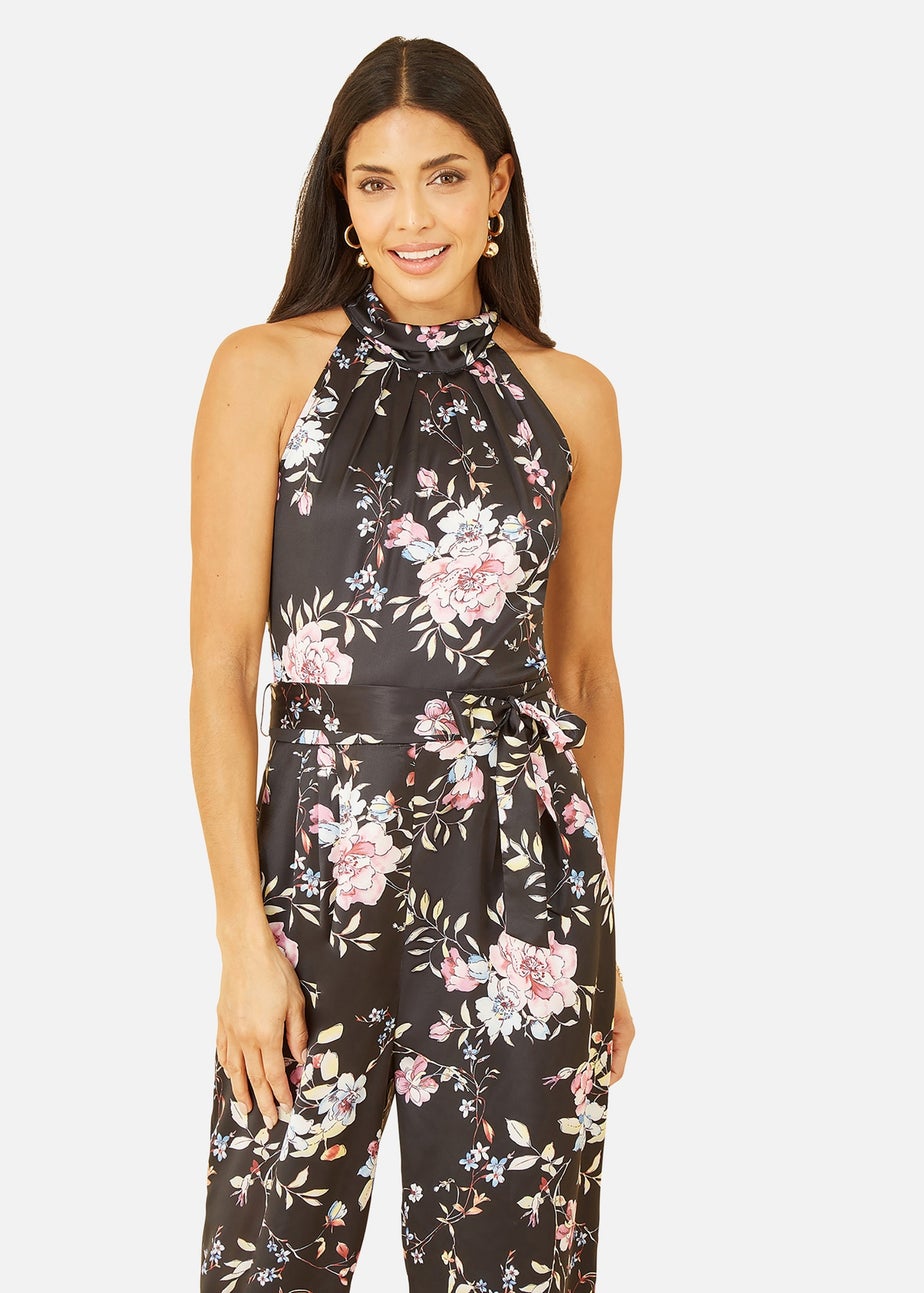 Yumi Black Floral Satin Halter neck Jumpsuit
