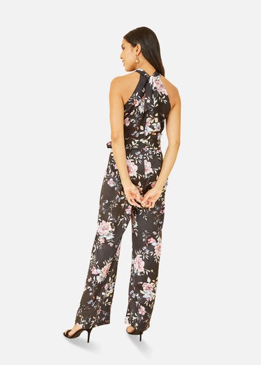 Yumi Black Floral Satin Halter neck Jumpsuit