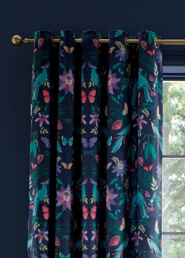 Catherine Lansfield Mya Tropical Birds Eyelet Curtains Navy Blue