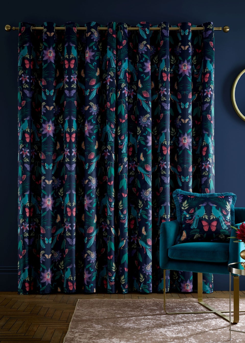 Catherine Lansfield Mya Tropical Birds Eyelet Curtains Navy Blue