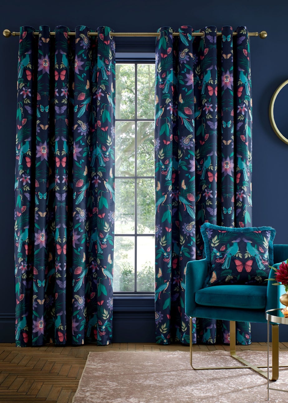 Catherine Lansfield Mya Tropical Birds Eyelet Curtains Navy Blue