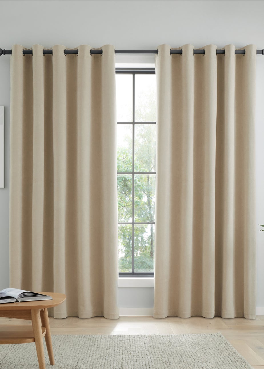 Catherine Lansfield Wilson Velvet Blackout Thermal Eyelet Curtains Natural