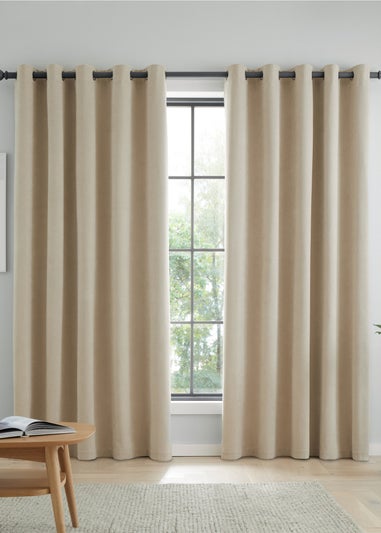Catherine Lansfield Wilson Velvet Blackout Thermal Eyelet Curtains Natural
