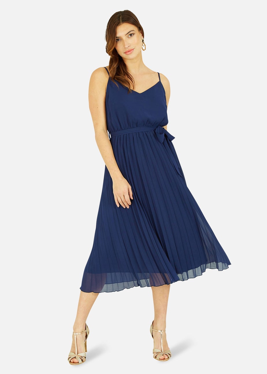 Mela Navy Pleated Strappy Midi Dress