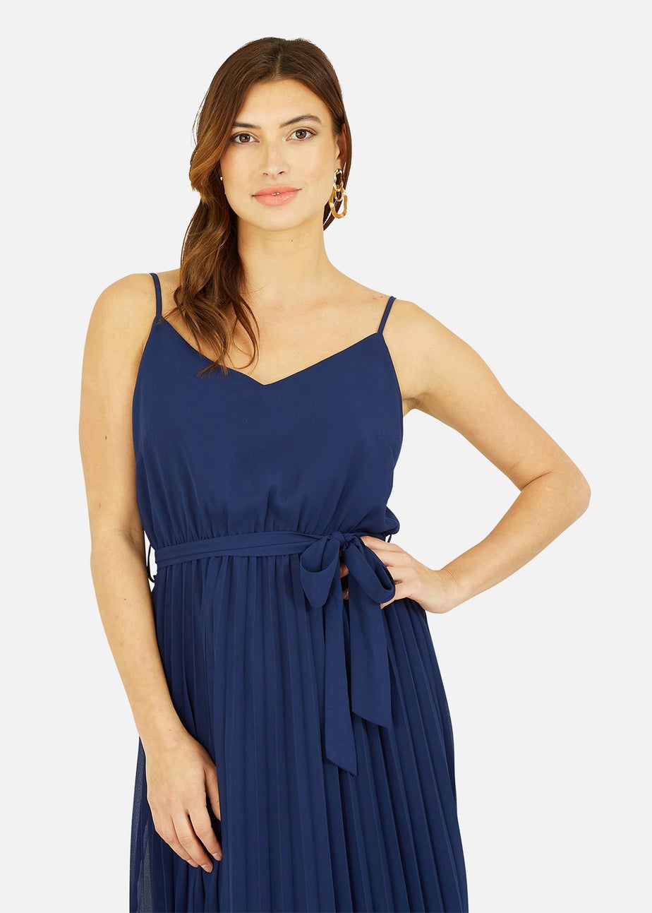 Mela Navy Pleated Strappy Midi Dress