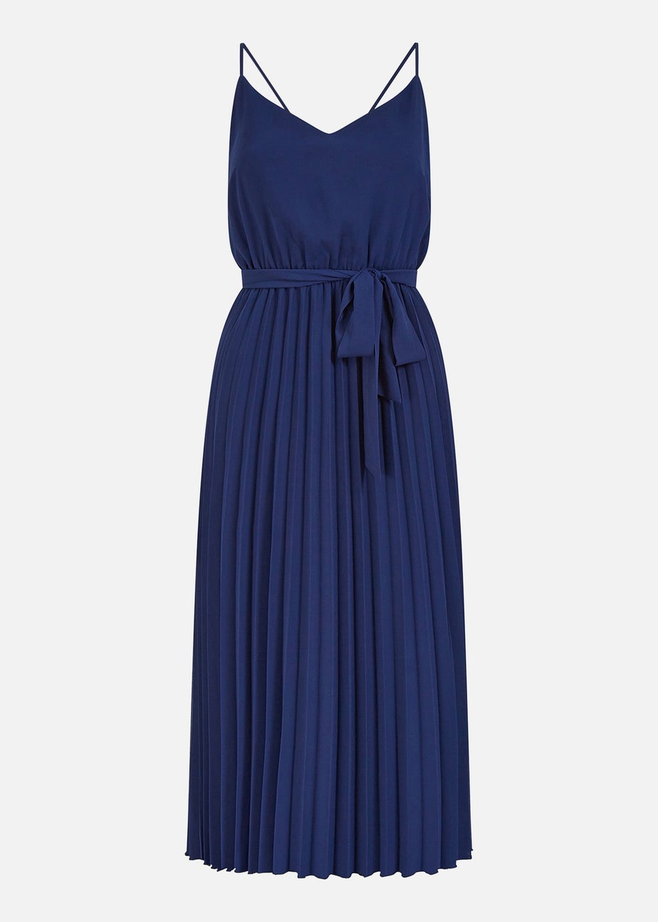 Mela Navy Pleated Strappy Midi Dress