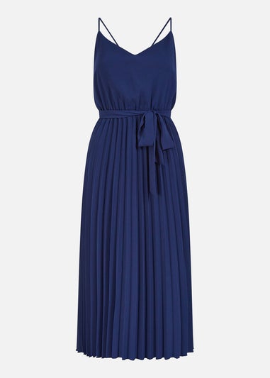 Mela Navy Pleated Strappy Midi Dress