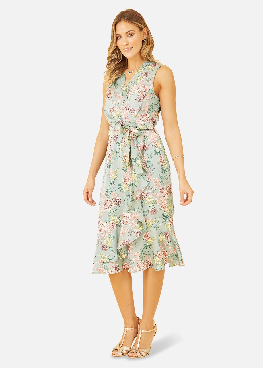 Mela Green Floral Satin Wrap Dress
