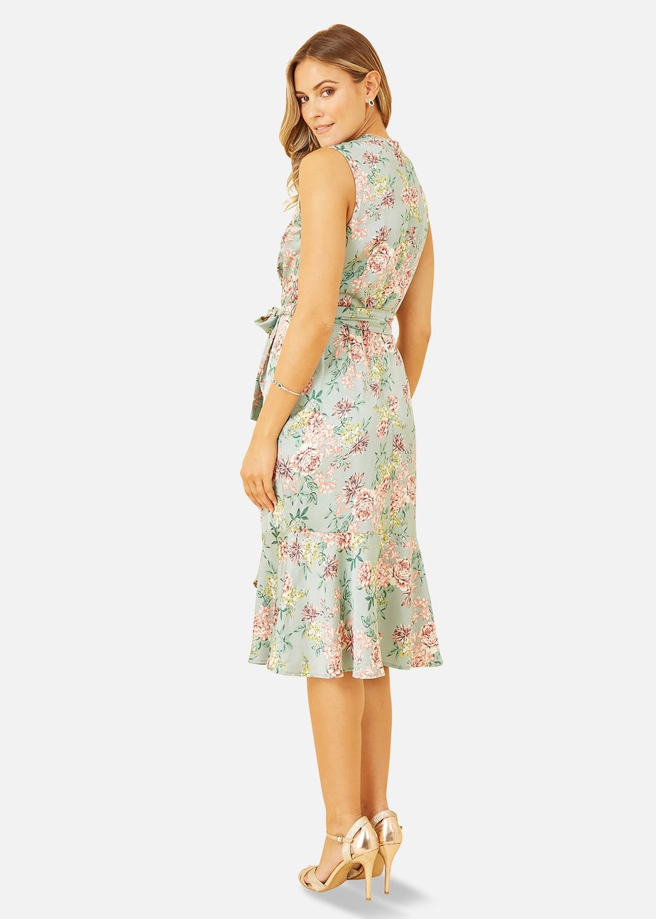 Mela Green Floral Satin Wrap Dress