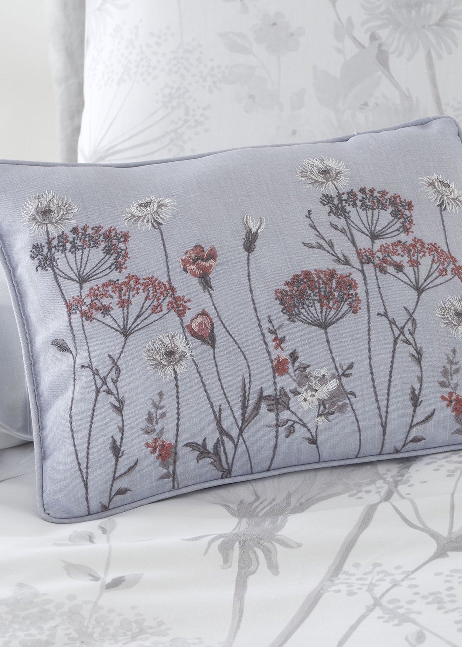 Catherine Lansfield Meadowsweet Floral Embroidered 30x40cm Cushion Grey