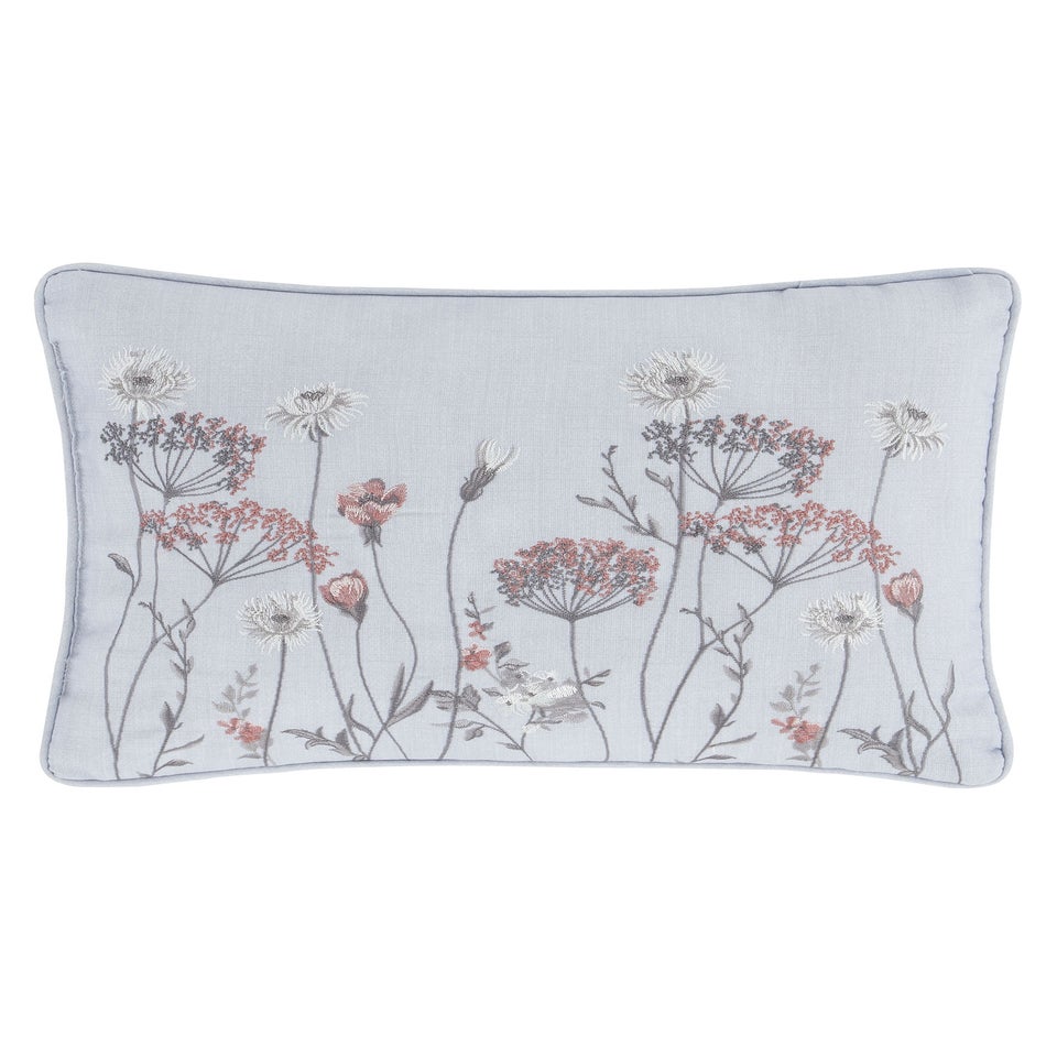 Catherine Lansfield Meadowsweet Floral Embroidered 30x40cm Cushion Grey