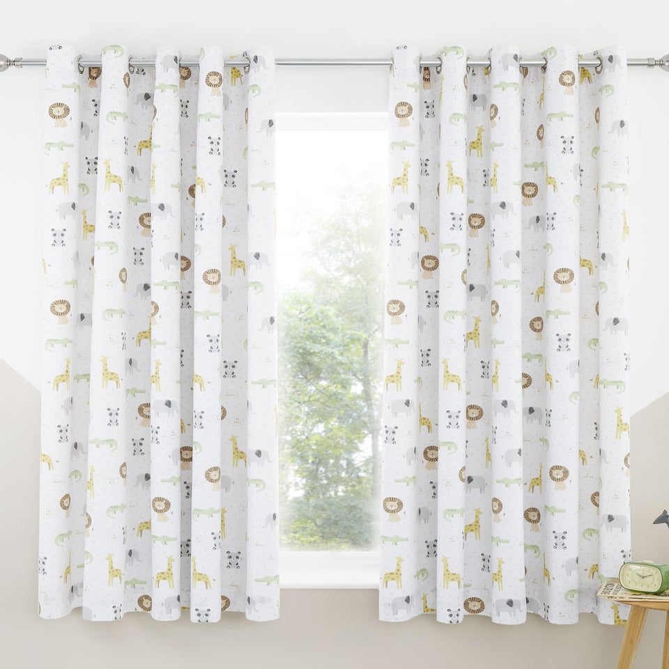 Catherine Lansfield Roarsome Animals Black Out Lined Eyelet Curtains Natural