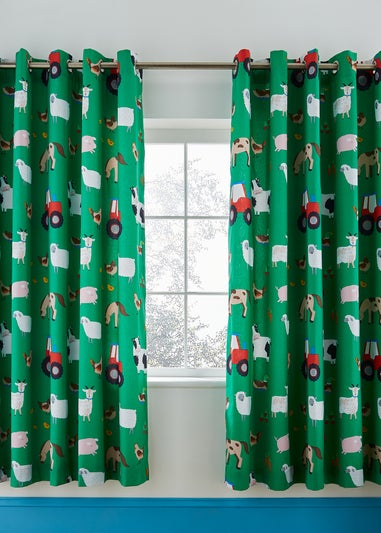 Catherine Lansfield Farmyard Animals Fully Reversible Eyelet Curtains Green