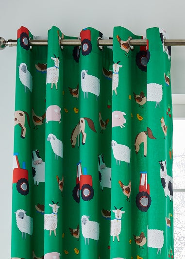 Catherine Lansfield Farmyard Animals Fully Reversible Eyelet Curtains Green
