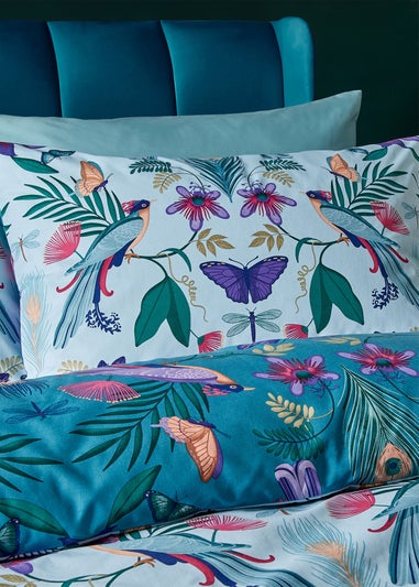 Catherine Lansfield Mya Tropical Floral Reversible Duvet Cover Set Duck egg Blue