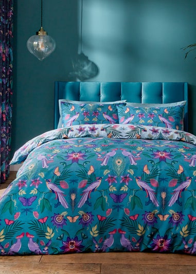 Catherine Lansfield Mya Tropical Floral Reversible Duvet Cover Set Duck egg Blue
