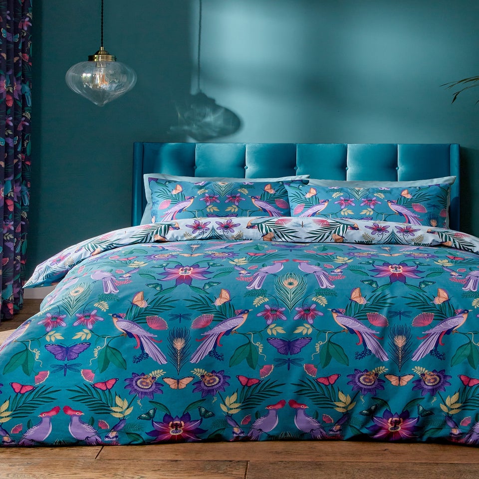 Catherine Lansfield Mya Tropical Floral Reversible Duvet Cover Set Duck egg Blue