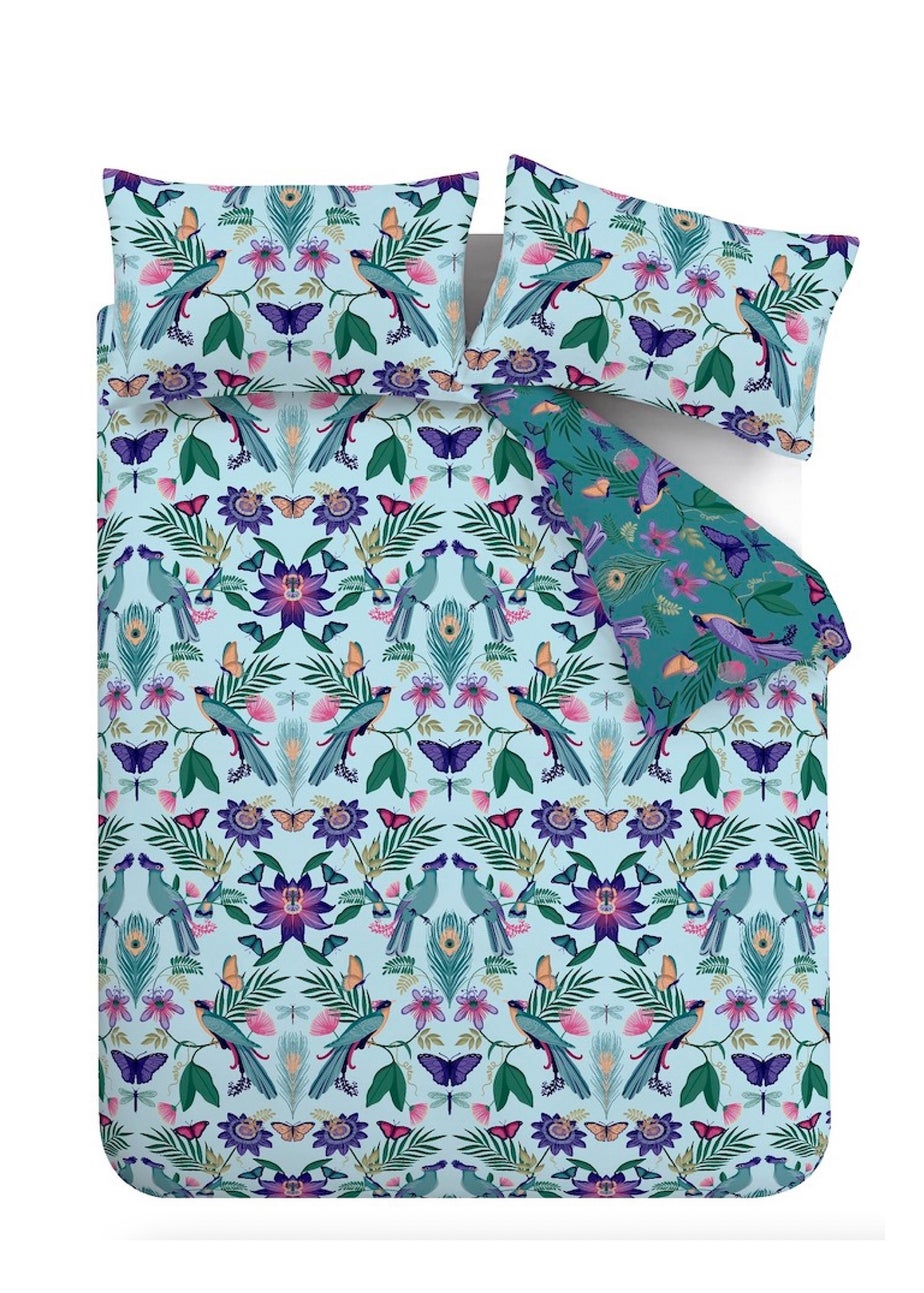 Catherine Lansfield Mya Tropical Floral Reversible Duvet Cover Set Duck egg Blue