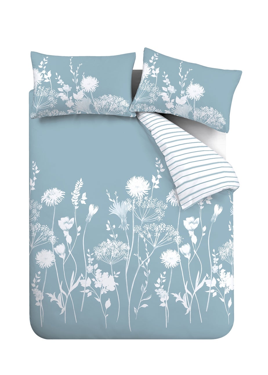 Catherine Lansfield Meadowsweet Floral Reversible Duvet Cover Set Sea Spray Blue