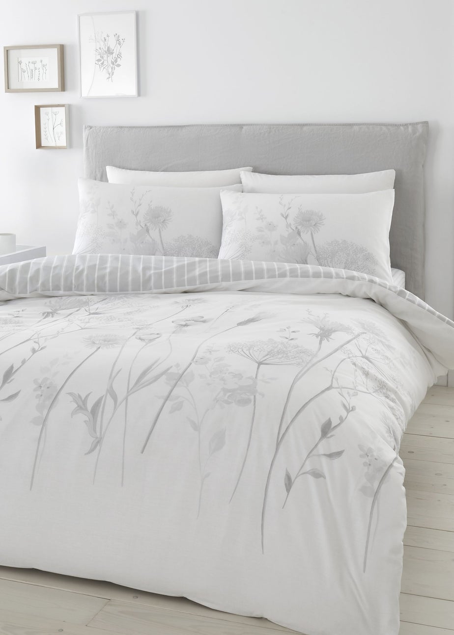 Catherine Lansfield Meadowsweet Floral Reversible Duvet Cover Set White Grey