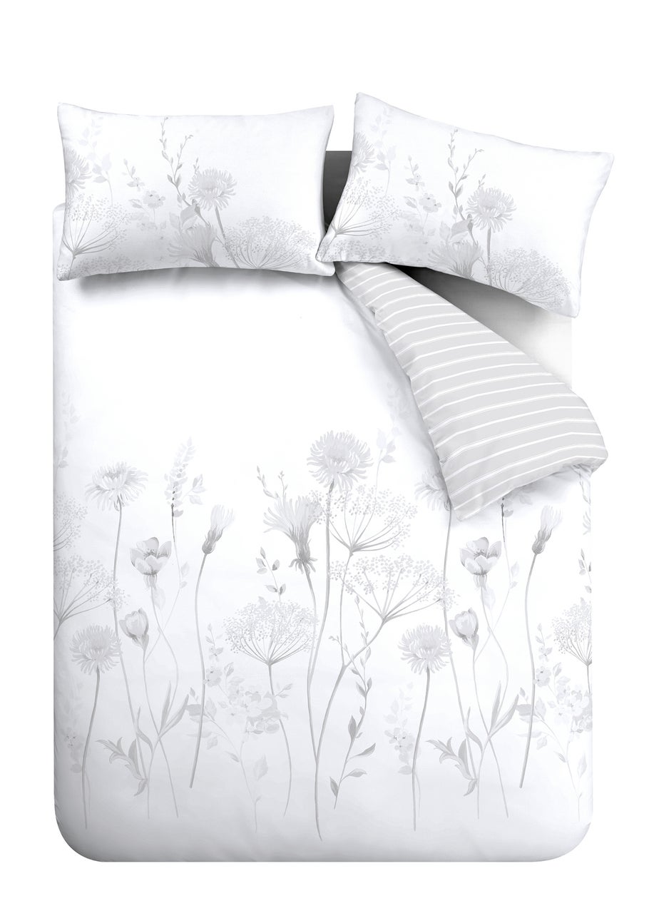 Catherine Lansfield Meadowsweet Floral Reversible Duvet Cover Set White Grey