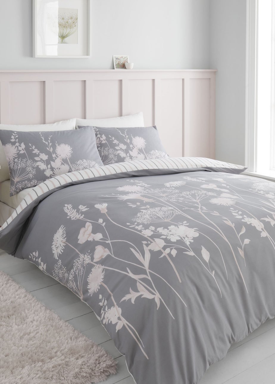 Catherine Lansfield Meadowsweet Floral Reversible Duvet Cover Set Grey Pink