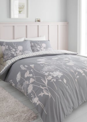 Catherine Lansfield Meadowsweet Floral Reversible Duvet Cover Set Grey Pink