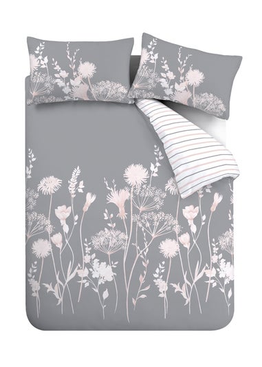 Catherine Lansfield Meadowsweet Floral Reversible Duvet Cover Set Grey Pink