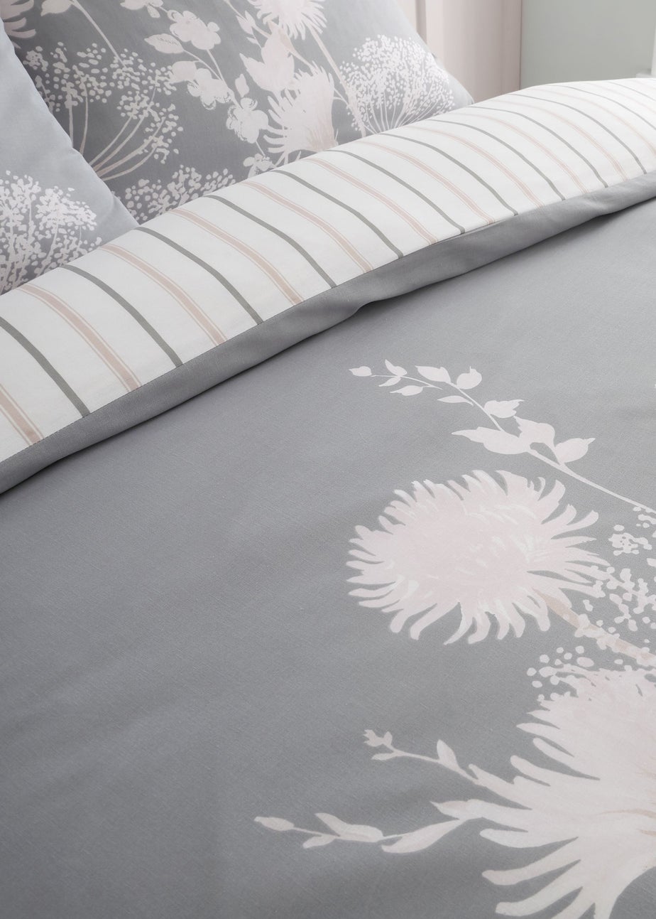 Catherine Lansfield Meadowsweet Floral Reversible Duvet Cover Set Grey Pink