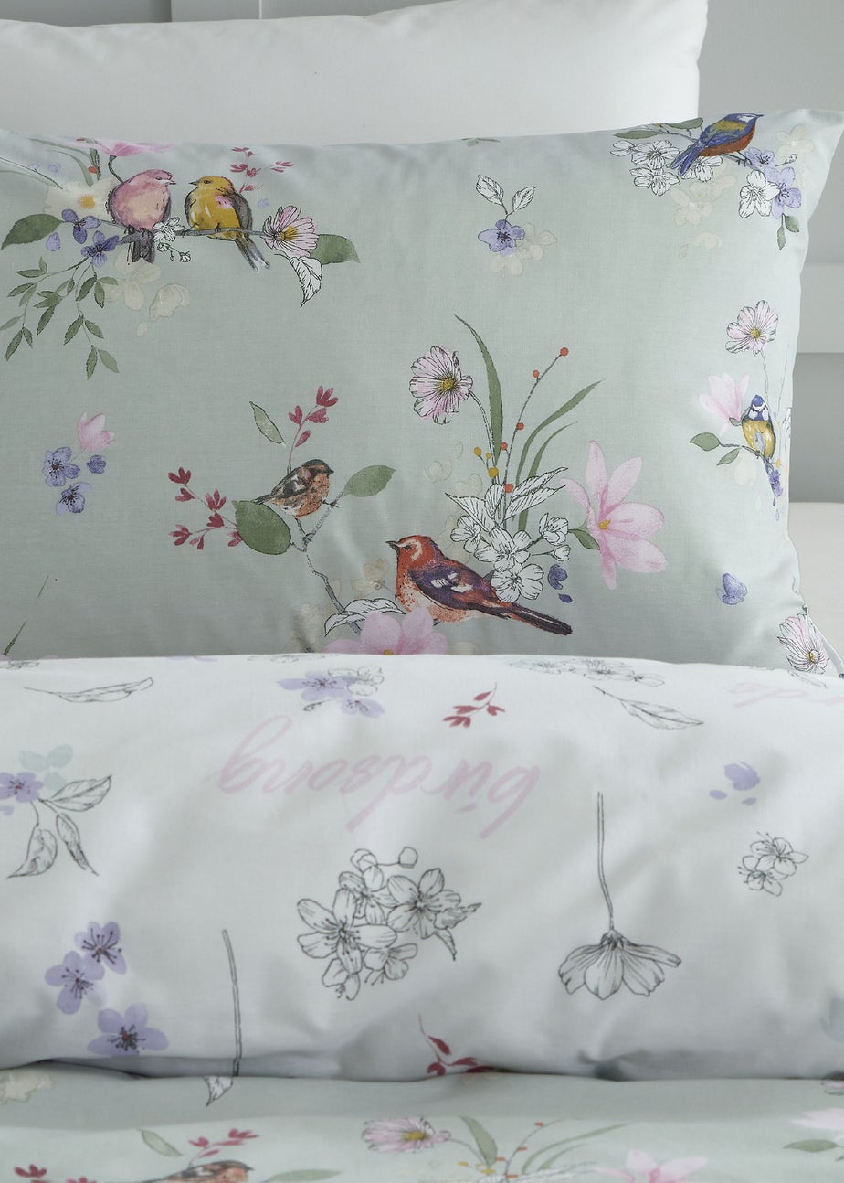 Catherine Lansfield Songbird Reversible Duvet Cover Set Sage Green