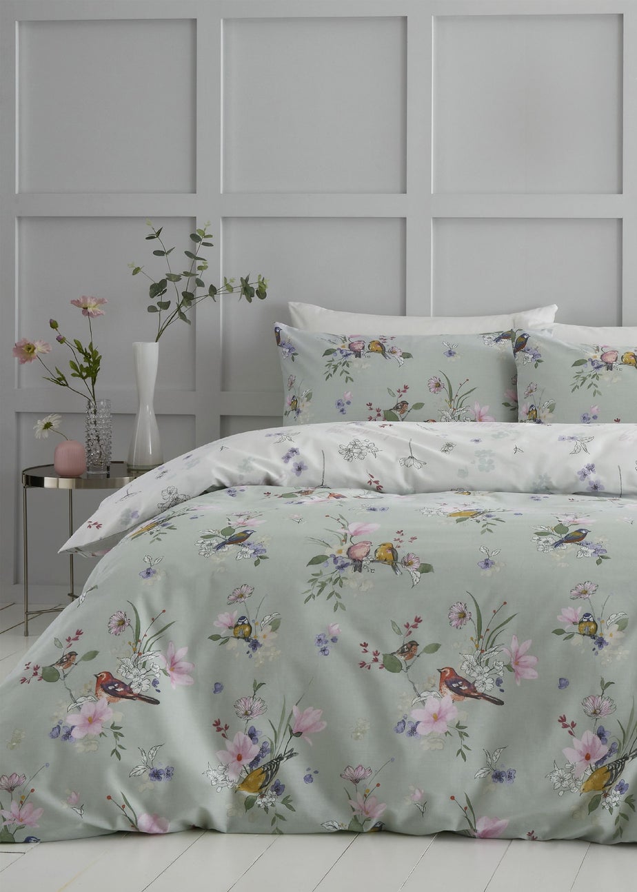 Catherine Lansfield Songbird Reversible Duvet Cover Set Sage Green