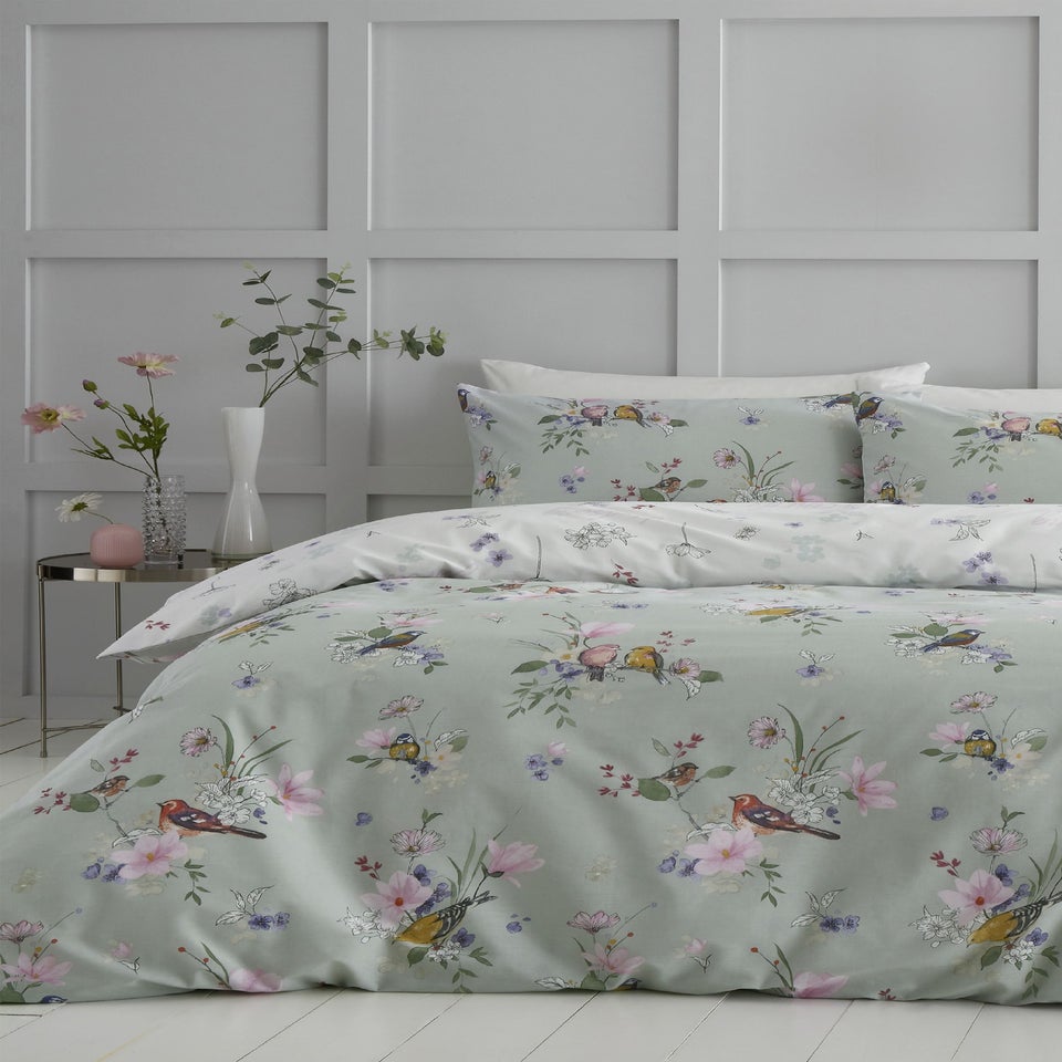 Catherine Lansfield Songbird Reversible Duvet Cover Set Sage Green