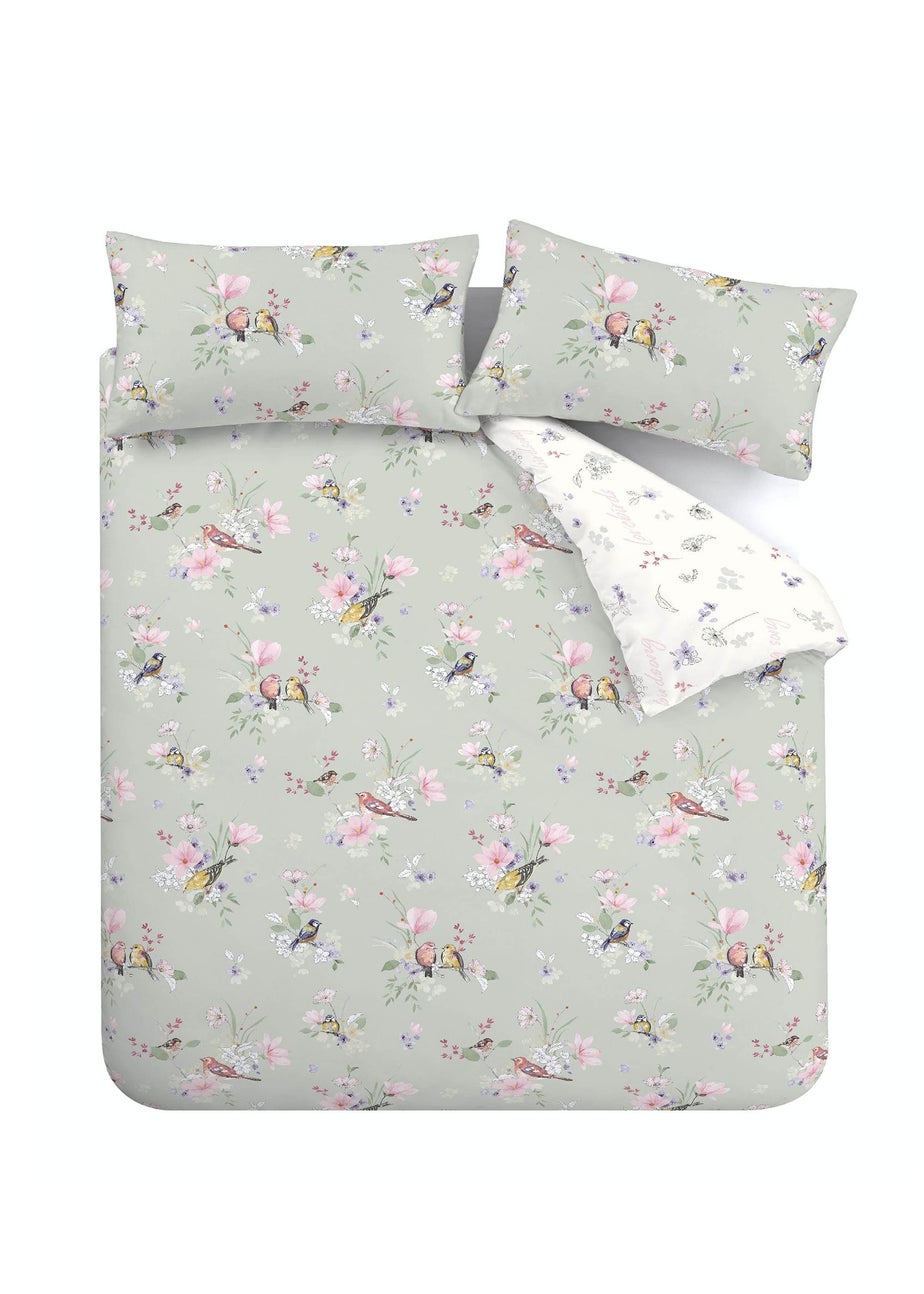 Catherine Lansfield Songbird Reversible Duvet Cover Set Sage Green