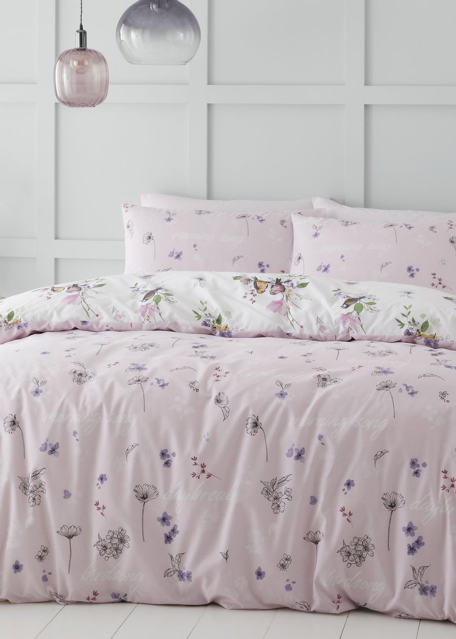 Catherine Lansfield Songbird Reversible Duvet Cover Set Pink