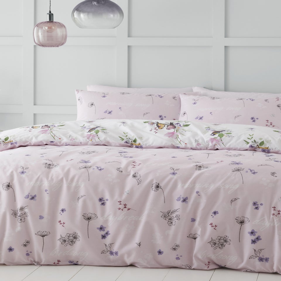 Catherine Lansfield Songbird Reversible Duvet Cover Set Pink