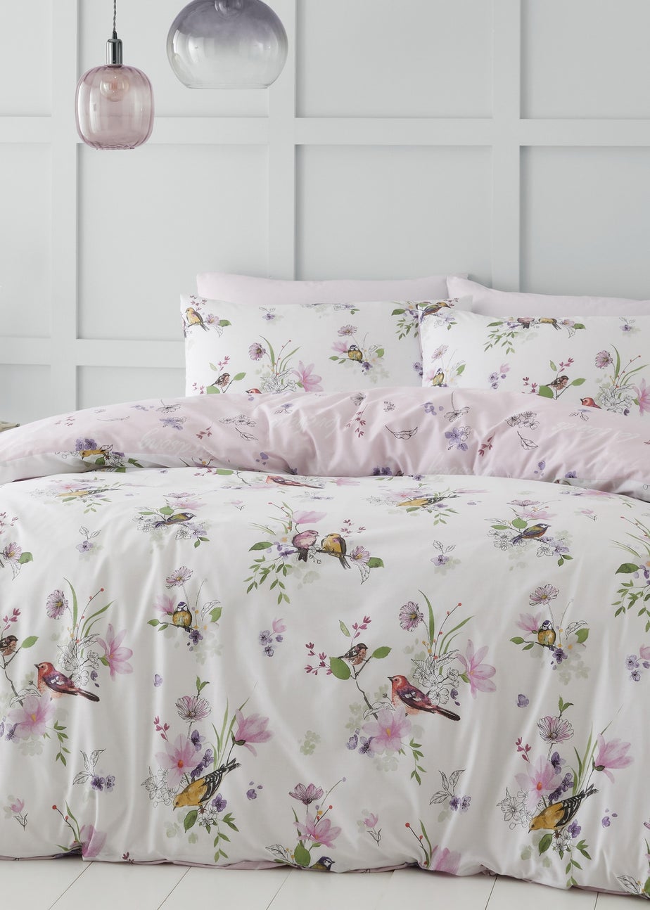 Catherine Lansfield Songbird Reversible Duvet Cover Set Pink