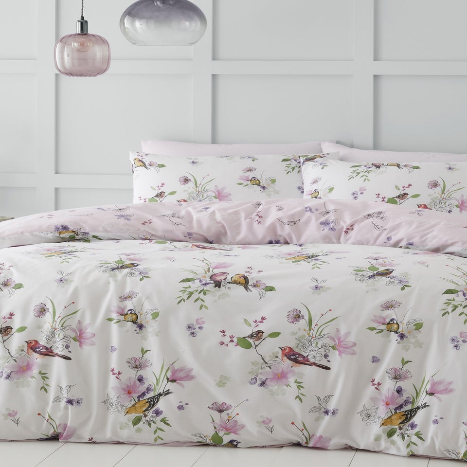 Catherine Lansfield Songbird Reversible Duvet Cover Set Pink