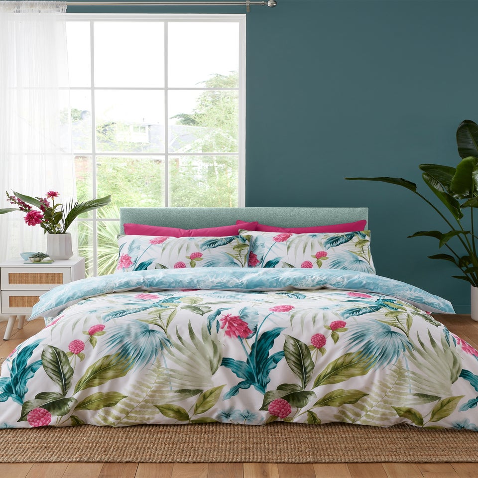 Catherine Lansfield Aruba Tropical Floral Reversible Duvet Cover Set Green