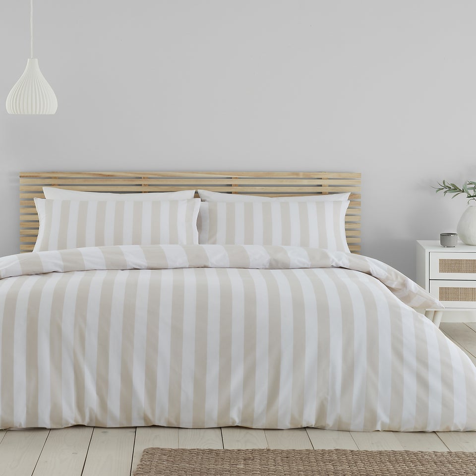Catherine Lansfield Cove Stripe Reversible Duvet Cover Set Natural