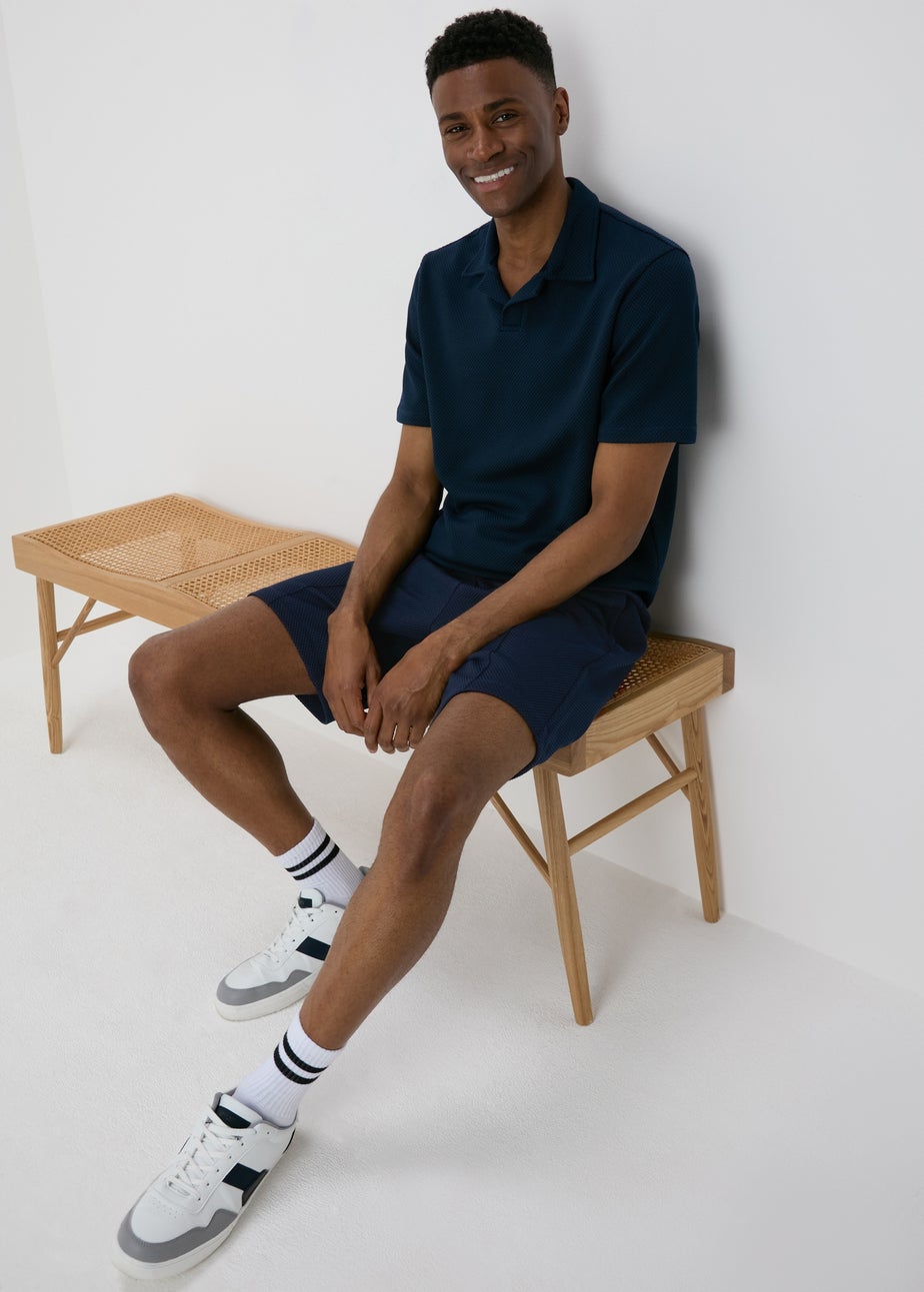 Navy Plain Textured Shorts