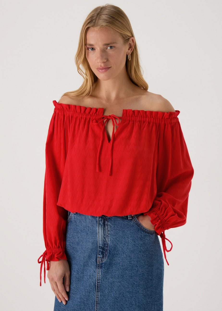 Papaya Petite Red Tie Neck Bardot Top