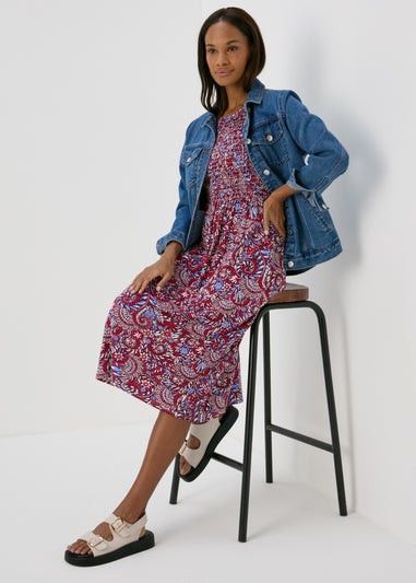 Multicolour Shirred Bodice Midi Dress