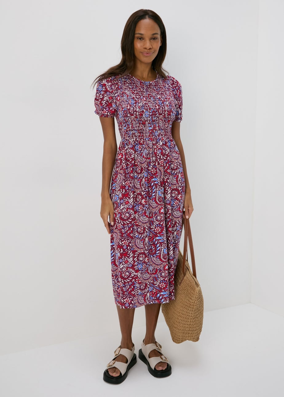 Multicolour Shirred Bodice Midi Dress