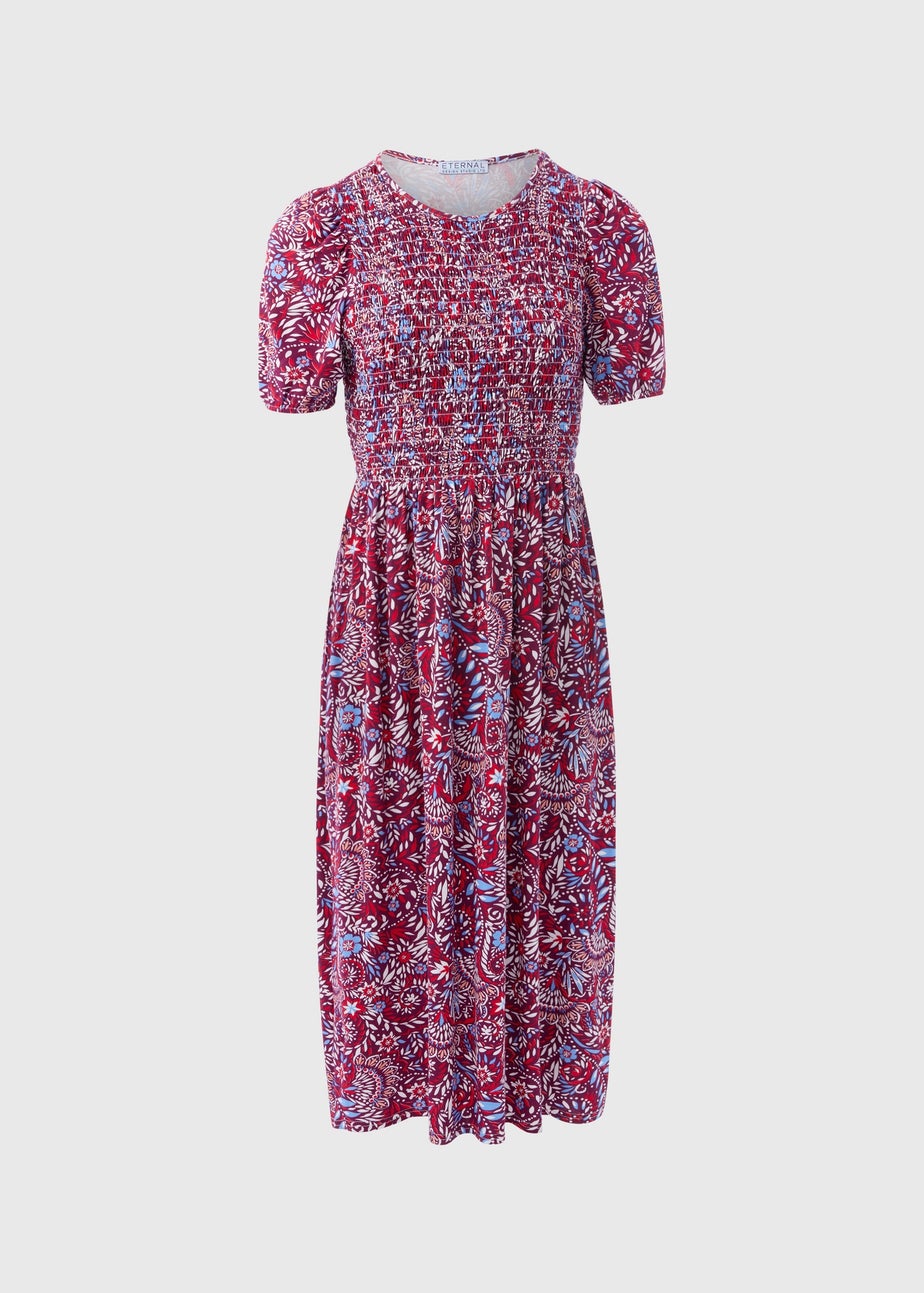 Multicolour Shirred Bodice Midi Dress