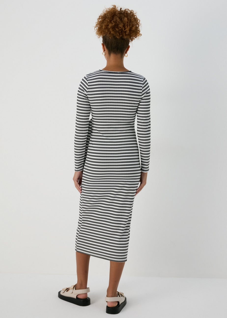 Black Mono Stripe Tie Side Midi Dress