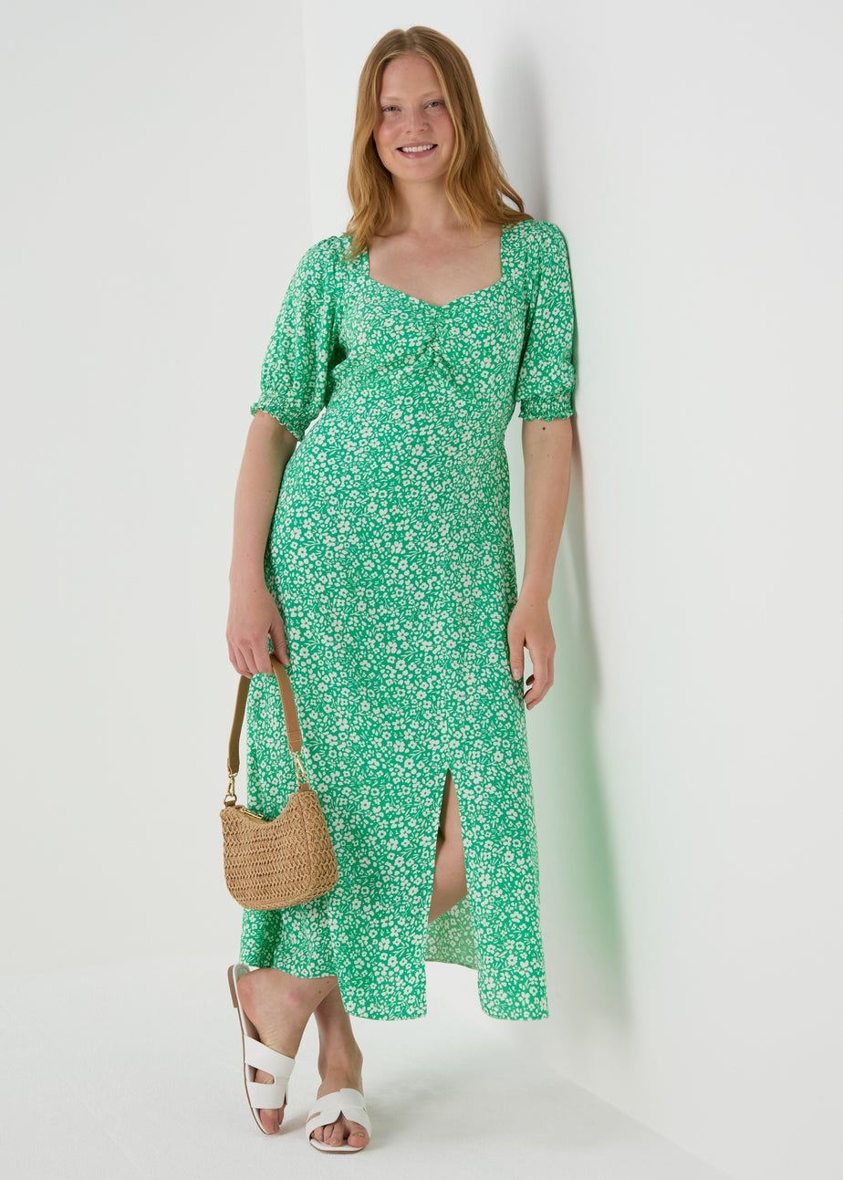 Green Floral Ruched Front Midi Dress