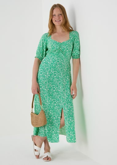 Green Floral Ruched Front Midi Dress