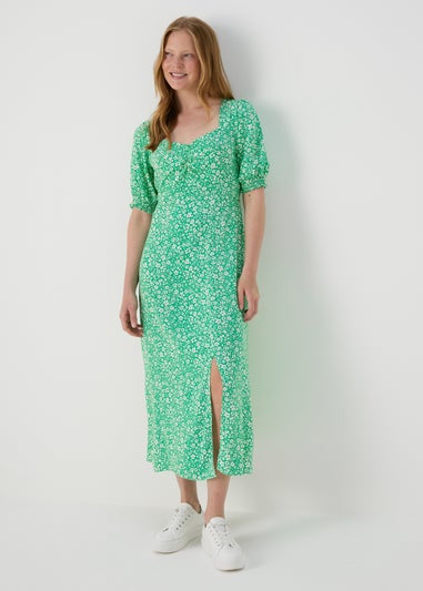 Green Floral Ruched Front Midi Dress