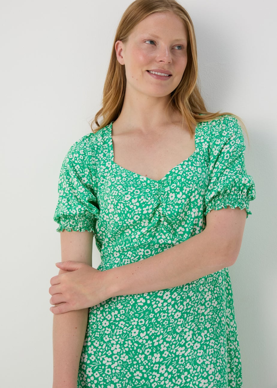 Green Floral Ruched Front Midi Dress