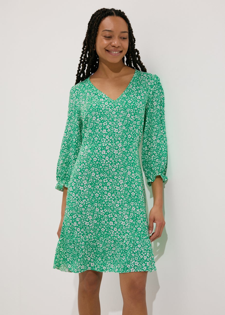 Green Floral V Neck Mini Dress